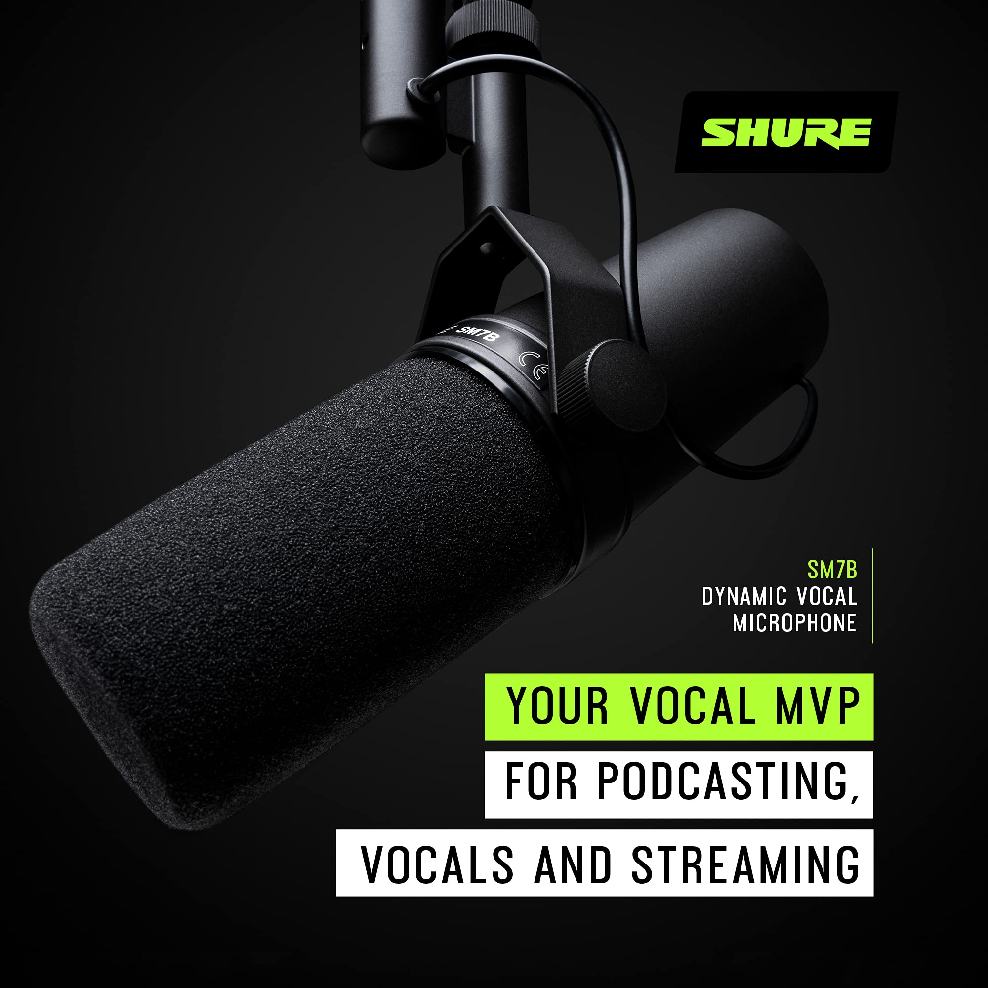 Shure SM7B Vocal Dynamic Microphone – XLR Studio Mic for Podcasting, Recording, Broadcasting, Streaming & Gaming – Smooth, Warm Sound, Rugged Build, Detachable Windscreen, Wide Frequency Range, Black